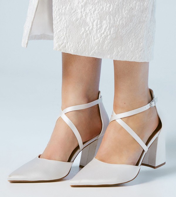 Bridal Treat Satin Cross Strap Pointed Block Heel Pumps