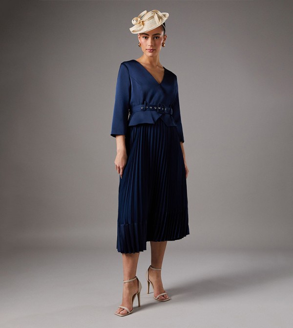 Satin Bodice 3/4 Sleeves Pleated Skirt Belted Midi Wedding Dress