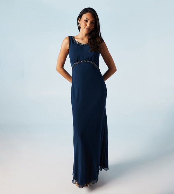Trim Detail V Back Sleeveless Bridesmaids Maxi Dress