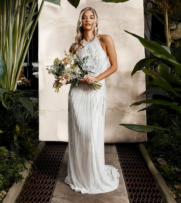 Embellished Sculpting Halterneck Maxi Wedding Dress
