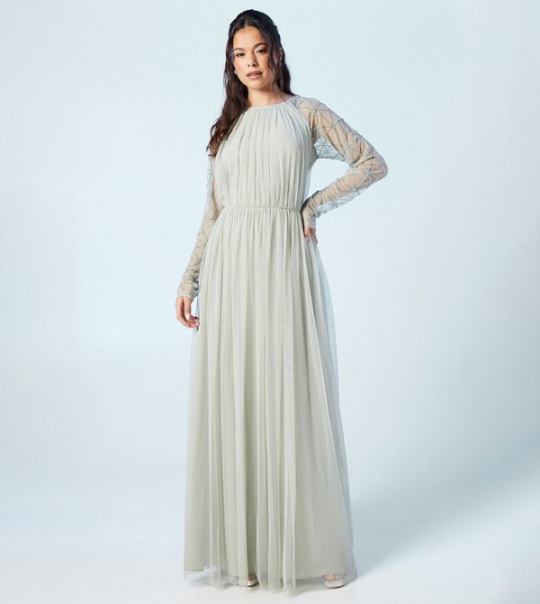Sheer Embellished Sleeves Mesh Bridesmaids Maxi Dress