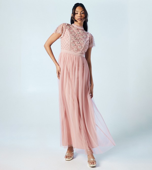 Pearl Drop Short Sleeves Two In One Bridesmaids Maxi Dress