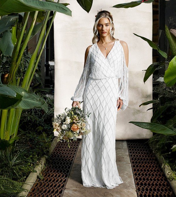 Geometric Embellished Cold Shoulder Maxi Wedding Dress
