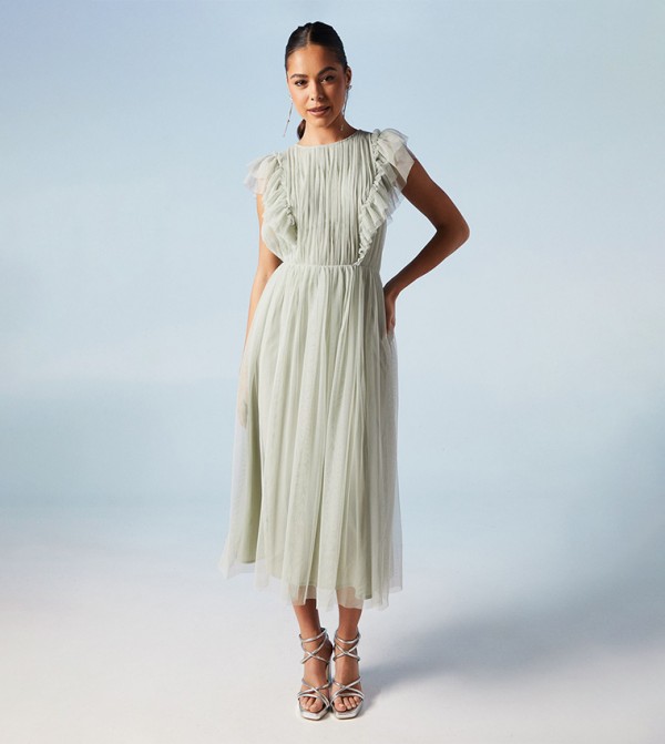 Ruffle Shoulder Mesh Bridesmaid Midi Dress