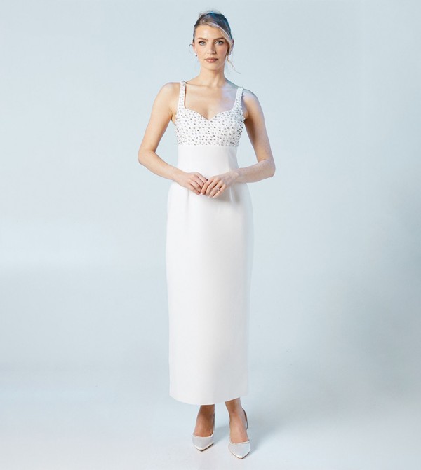 Premium Pearl and Diamante Sweetheart Neck Midi Dress