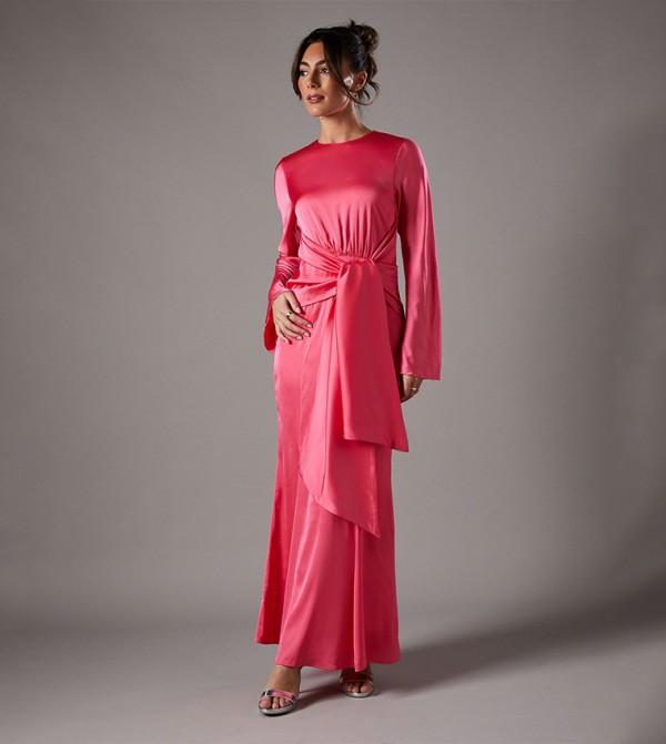 Solid Satin Tie Waist Maxi Dress