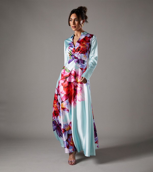 Placement Print Wrap Front Maxi Dress