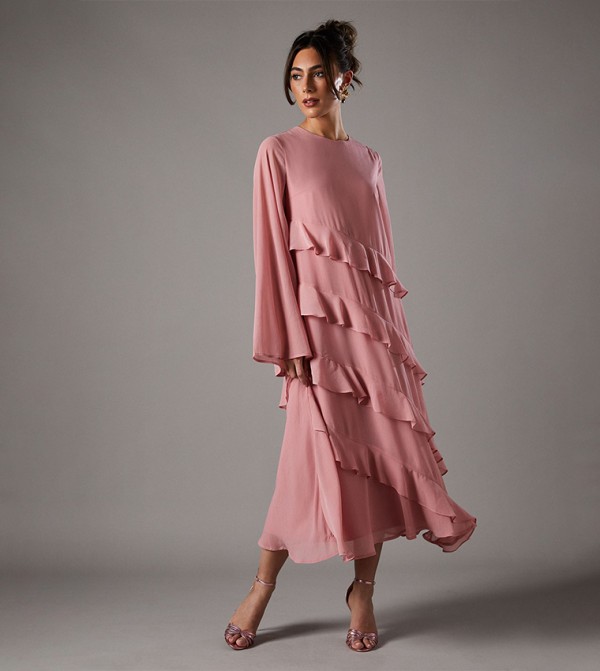 Ruffle Tiered Long Sleeves Midi Dress