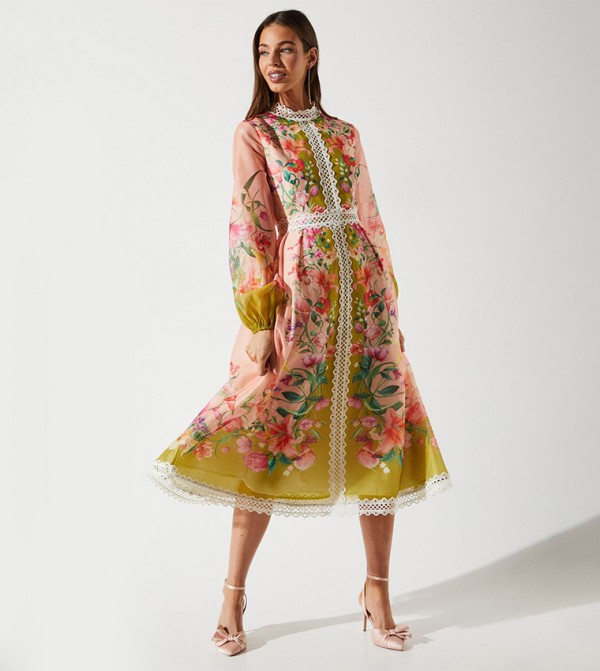 Printed Organza Lace Trim Midi Dress