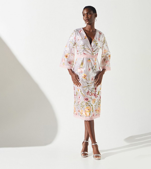 Embroidered Wrap Front Midi Party Dress