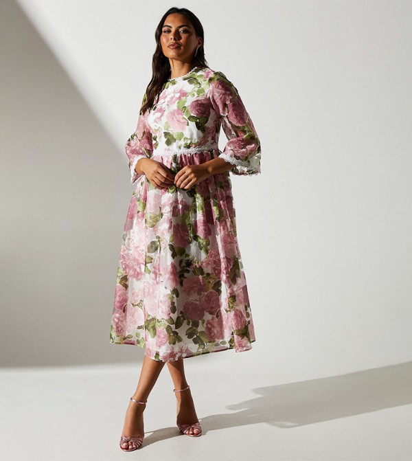 Floral Printed Lace Trim Midi Dress
