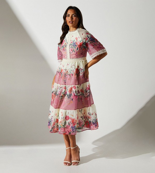 Floral Printed Tiered Lace Trim Midi Dress