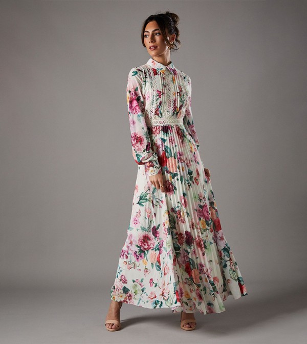 Printed Pleated Lace Trim Maxi Dress