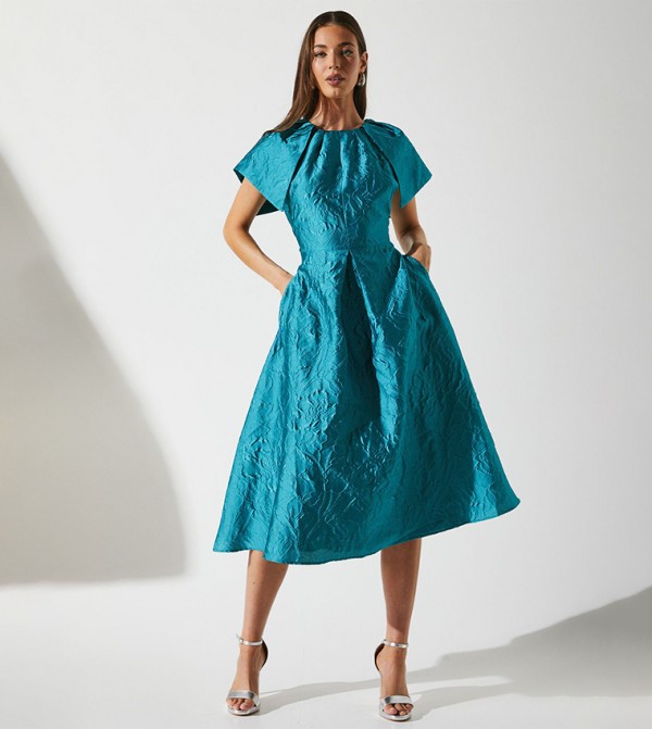 Jacquard Cape Sleeves Detail Midi Wedding Dress