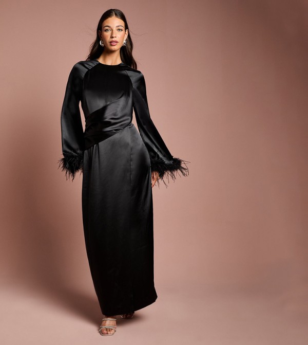 Feather Trim Satin Maxi Dress