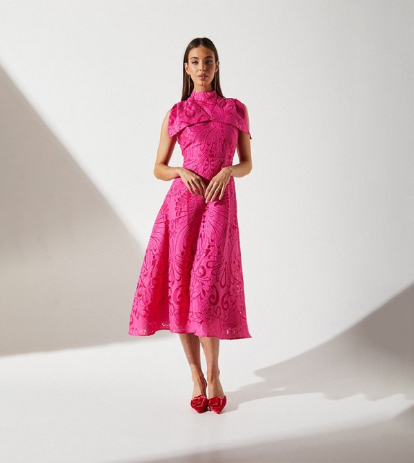 Jacquard Bow Sleeves Midi Dress