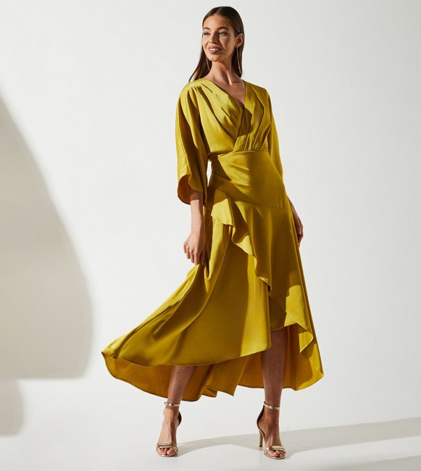 Satin Back Crepe Ruffle Wrap Midi Dress
