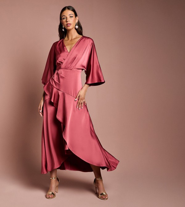 Ruffled Satin Wrap Midaxi Dress