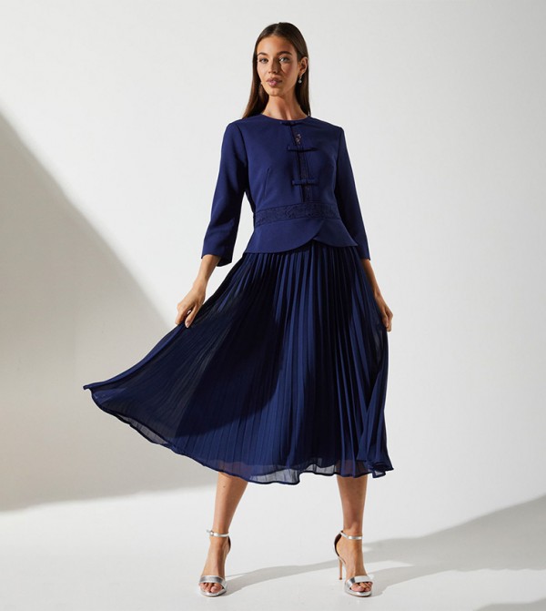 Crepe Pleated Lace Midi Dress