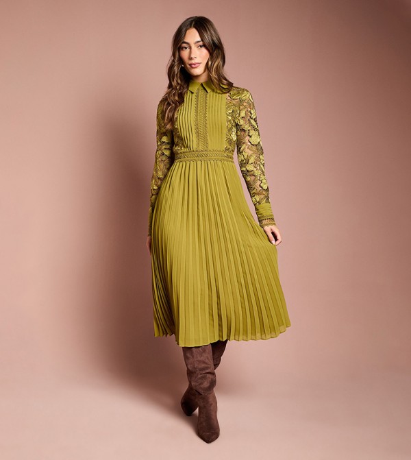 Long Sleeves Lace and Pleated Midi Shirt Dress