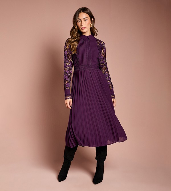 Long Sleeves Lace and Pleated Midi Shirt Dress