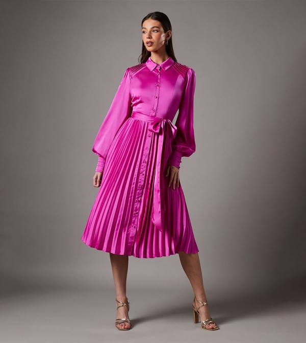 Pleated Satin Midi Shirt Dress