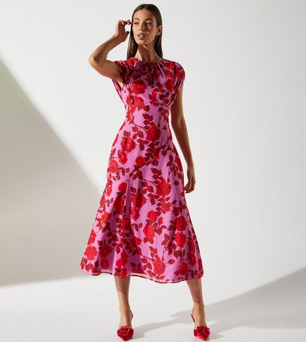 Cap Sleeves Floral Print Chiffon Midi Dress
