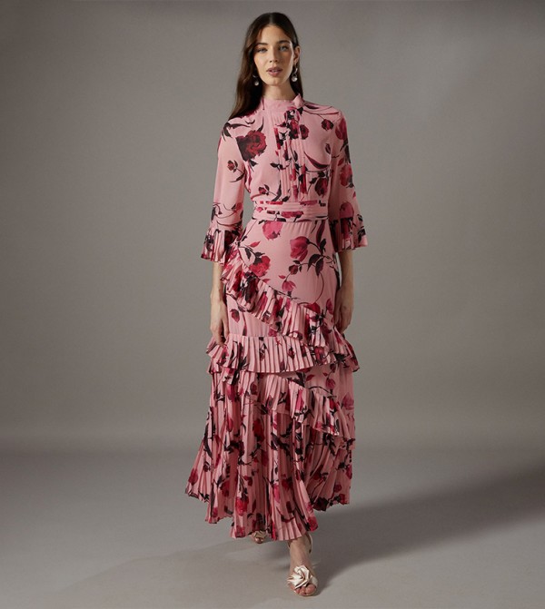 Printed Pleated Frill Chiffon Maxi Dress