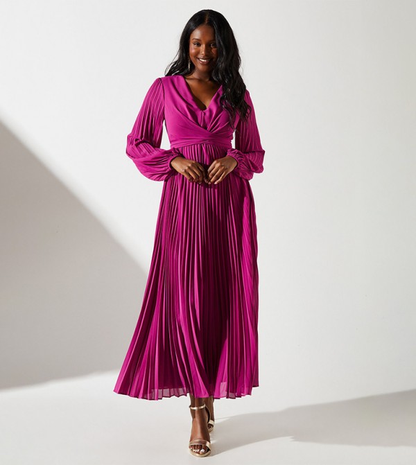 Pleated Wrap Front Midi Dress