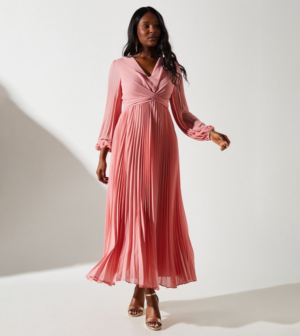Pleated Wrap Front Midi Dress