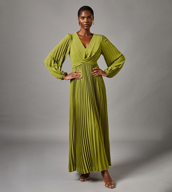 Pleated Long Sleeves Wrap Maxi Dress