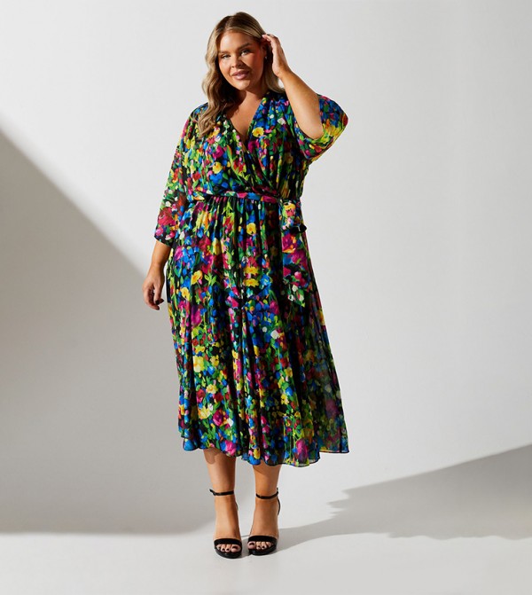 Curve Floral Print Wrap Midi Dress