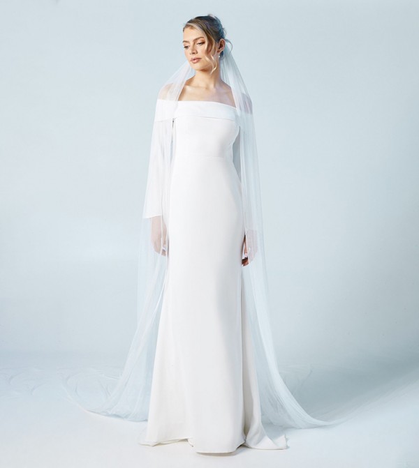 Long Sleeves Bardot Crepe Maxi Wedding Dress