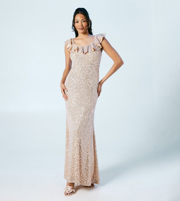 Sequined Flutter Neckline Bridesmaids Maxi Dress
