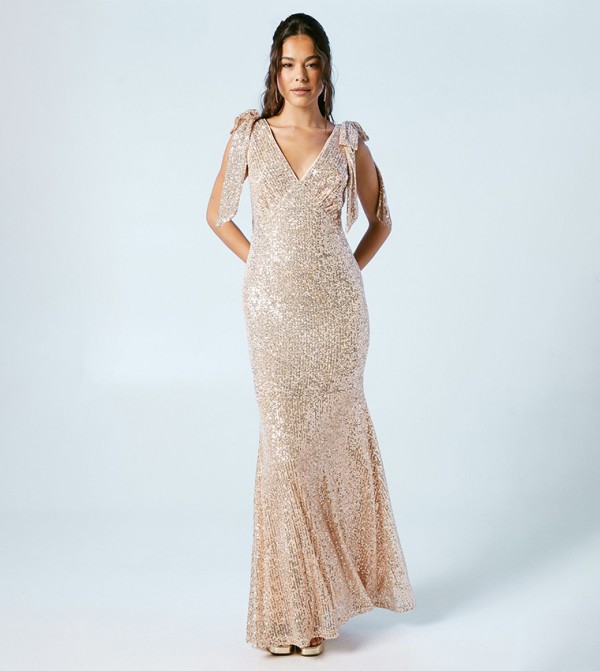 Sequined Tie Shoulder Bridesmaids Maxi Dress