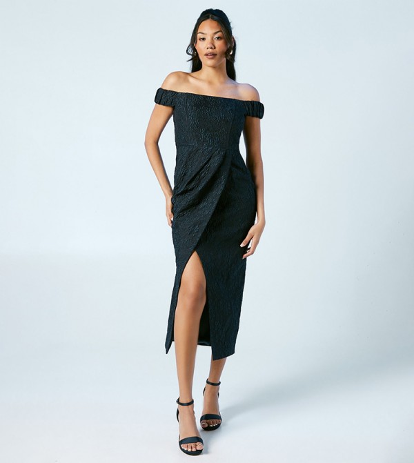 Jacquard Off Shoulder Bridesmaids Column Midi Dress