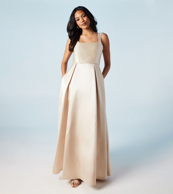 Scoop Neck Full Skirted Twill Bridesmaids Maxi Dress