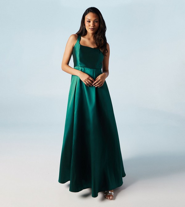Scoop Neck Full Skirted Twill Bridesmaids Maxi Dress