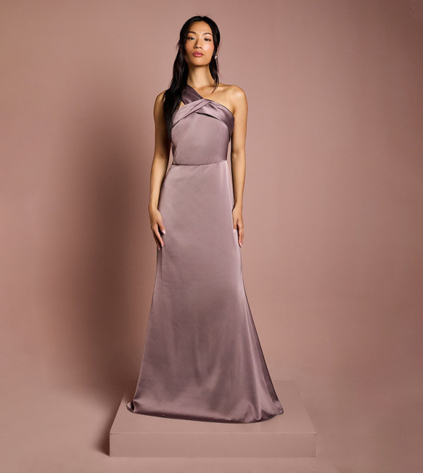 Asymmetric Neck Satin Bridesmaid Maxi Dress