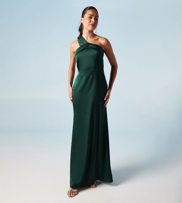 Asymmetric Neckline Satin Bridesmaids Maxi Dress