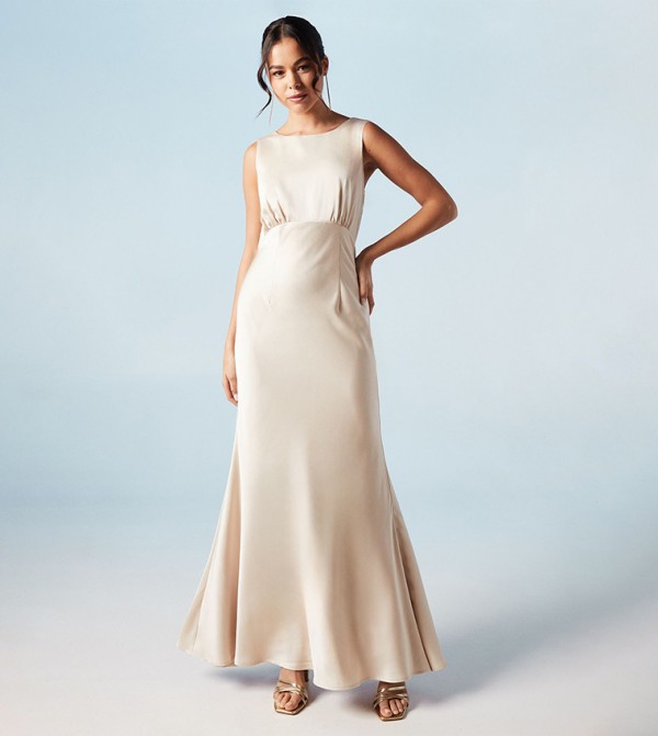 Trailing Bow Back Satin Bridesmaids Maxi Dress