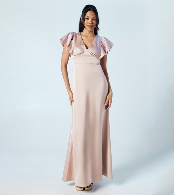 V-Neck Waist Detail Satin Bridesmaids Maxi Dress