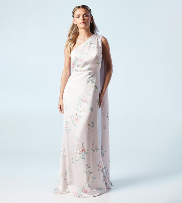 Petite Spring Posy Printed Satin Drape Shoulder Bridesmaids Maxi Dress