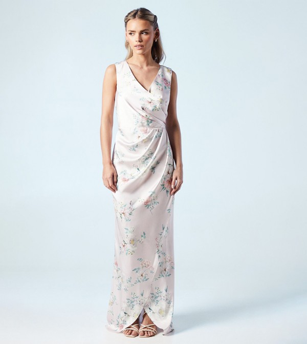 Petite Spring Posy Printed Satin Ruche Waist Bridesmaids Maxi Dress