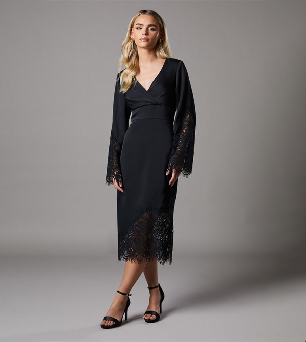 Petite Lace Panelled Satin Wrap Midi Dress