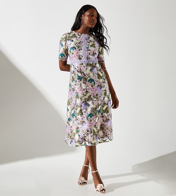 Embroidered Floral with Laid On Lace Midi Dress