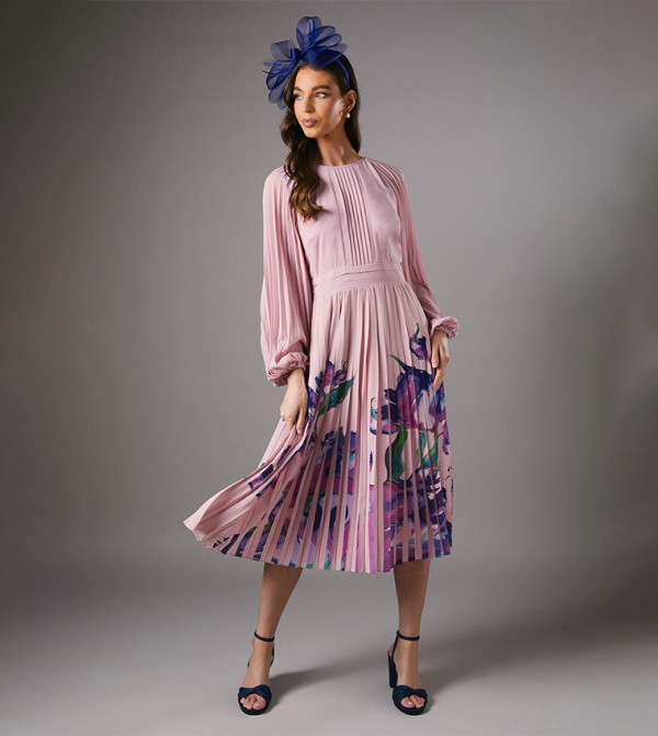 Placement Print Pleated Midi Dress