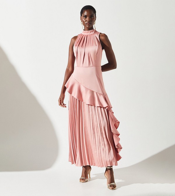 Ruffle Pleated Satin Back Crepe Maxi Dress