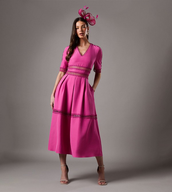 Crochet Insert Crepe V-Neck Midi Dress