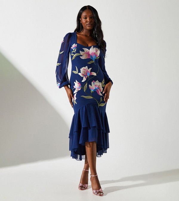 Embroidered Ruffle Long Sleeves Dress